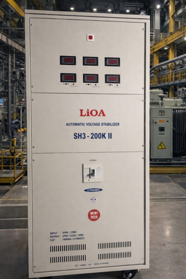 hình ảnh zoom cận cảnh máy ổn áp 200kva đang ở trong nhà máy