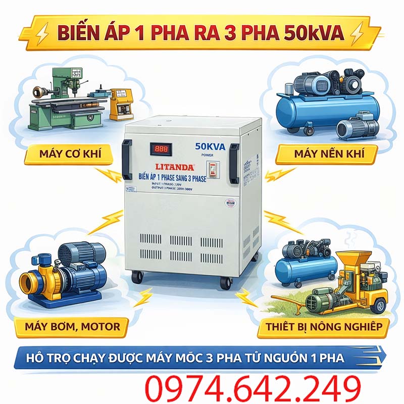 Một số thiết bị cần sử dụng biến áp 1 pha ra 3 pha 50kva