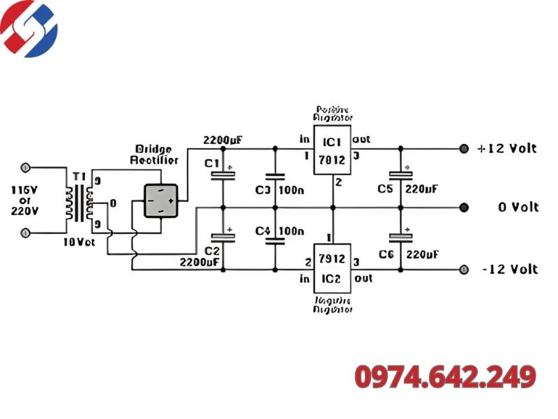 Các thành phần chính trong sơ đồ mạch ổn áp 12V